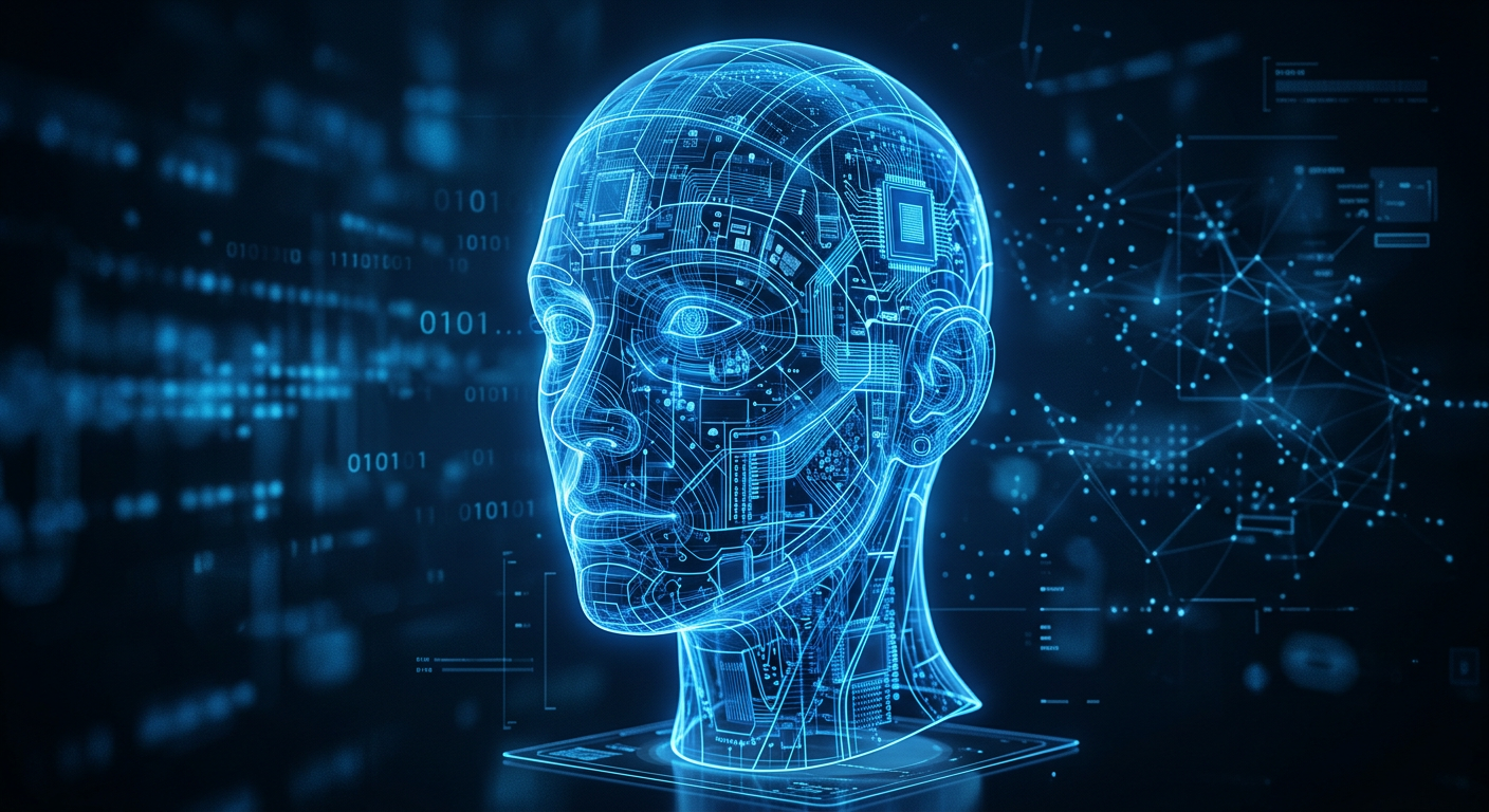 Symbolbild Künstliche Intelligenz: leuchtender digitaler Kopf aus Daten und Schaltkreisen