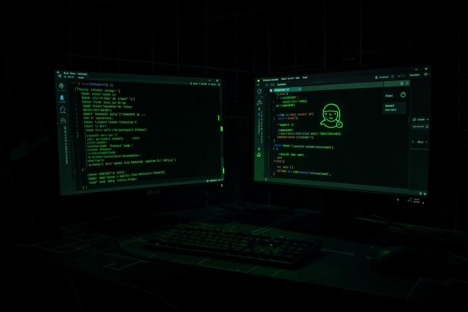 Arbeitsplatz mit zwei Monitoren, auf denen grüner Code und ein KI-Chat leuchten