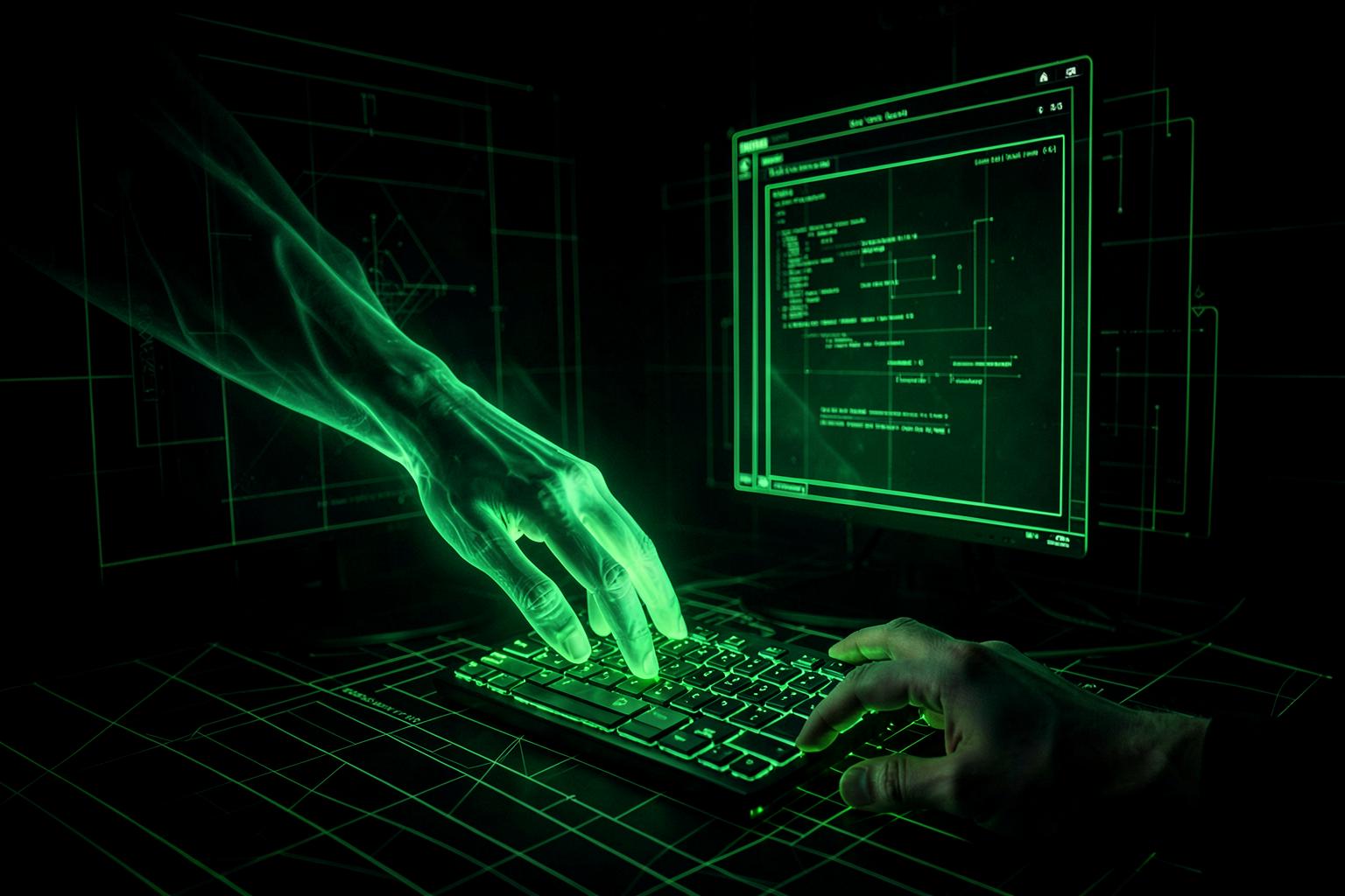 Leuchtende KI-Hand bedient eine Tastatur unter Aufsicht einer menschlichen Hand
