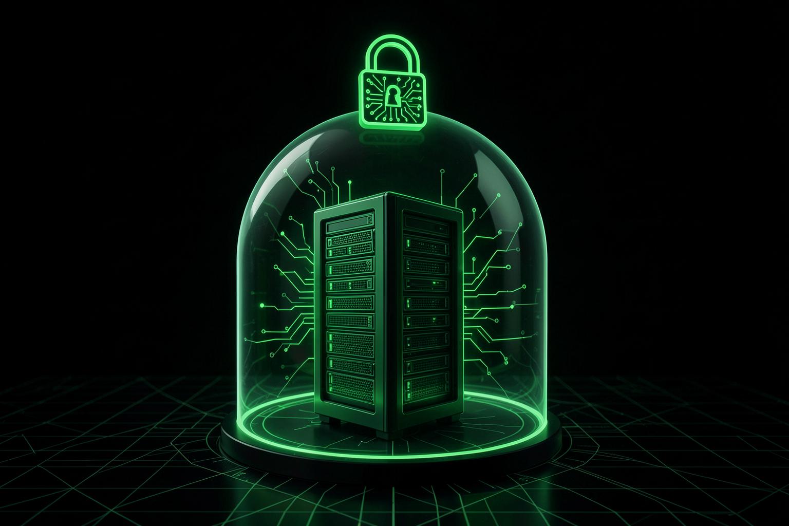 Server unter einer Schutzglocke mit leuchtendem Schloss – lokale KI hält Daten intern