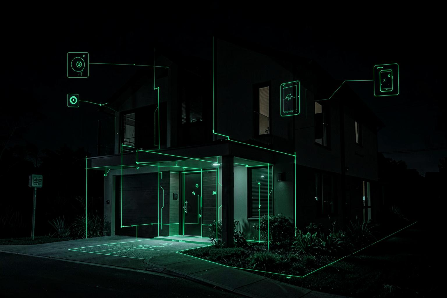 Moderne Hausfassade bei Nacht mit phosphorgrünen KI-Überwachungszonen und Smart-Home-HUD